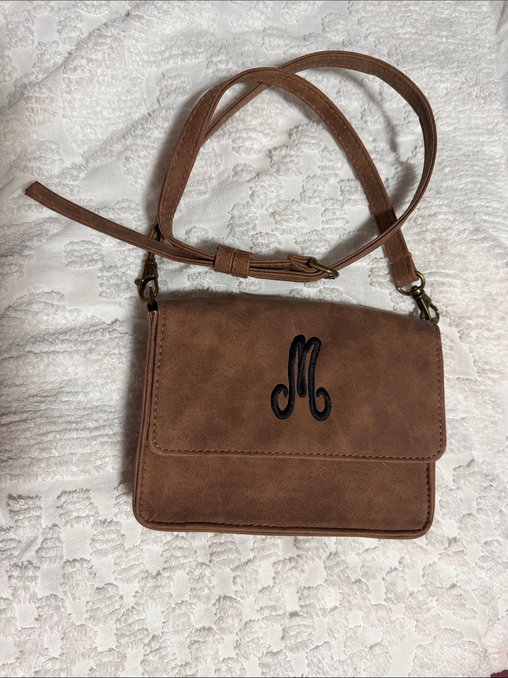 Monogram Faux-Leather Crossbody Bag in Brown with Black Initial